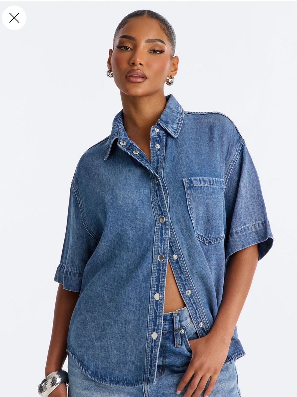 Fashion Nova Women's Washed Blue Denim Button-Down Shirt